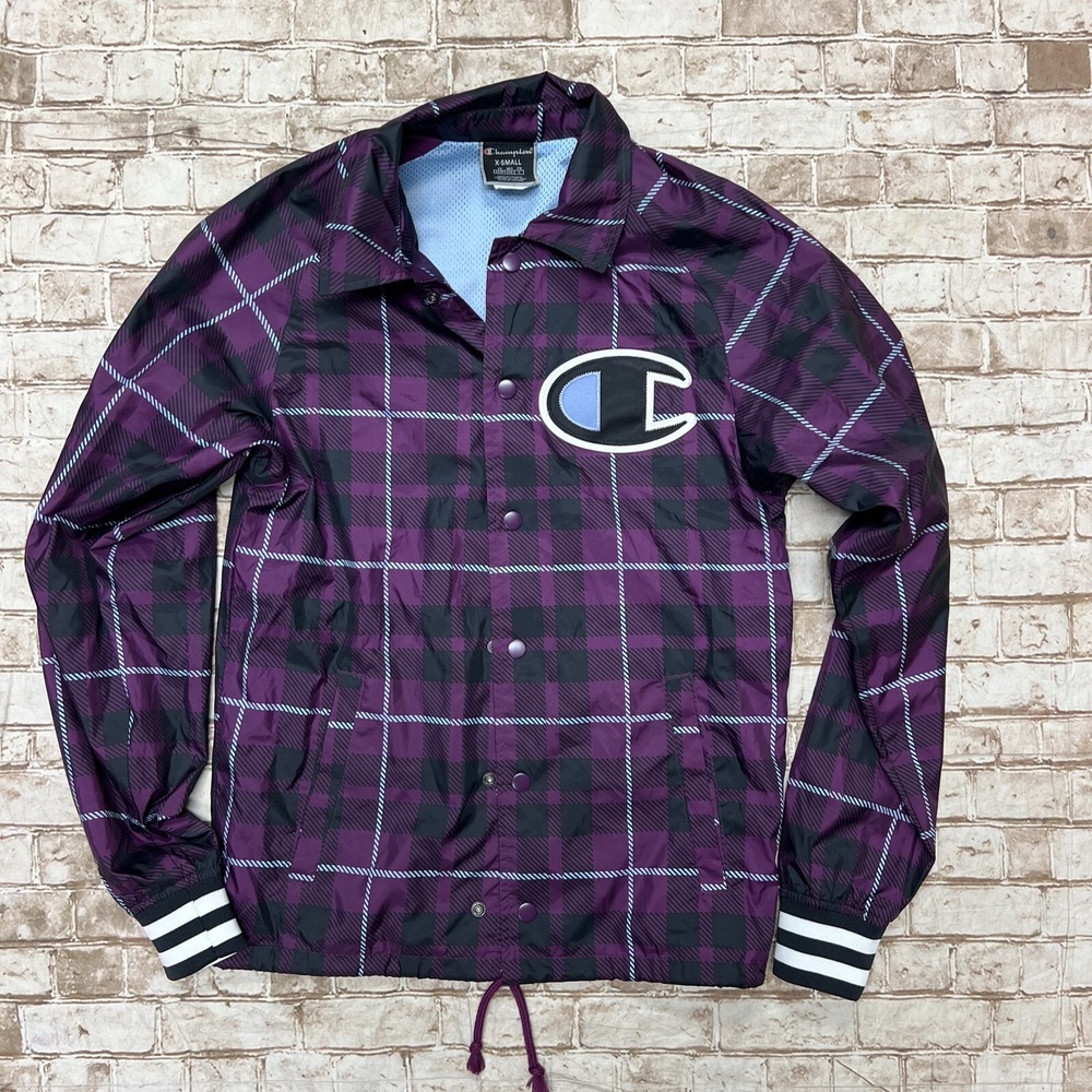 Champion XS Varsity Satin Letterman Jacket Mens  Purple Plaid Big C